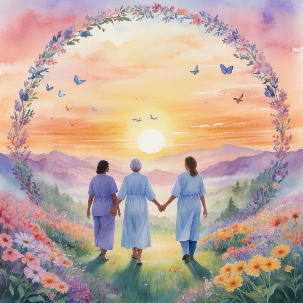 A serene landscape depicting a sunrise symbolizing hope, with a diverse group of people holding hands in a circle, each representing different stages of their cancer journey. In the background, silhouettes of healthcare professionals collaborating, surrounded by blooming flowers and butterflies to signify progress and support. The overall ambiance should convey warmth and empowerment. soft pastels. watercolor effect. inspiring mood.