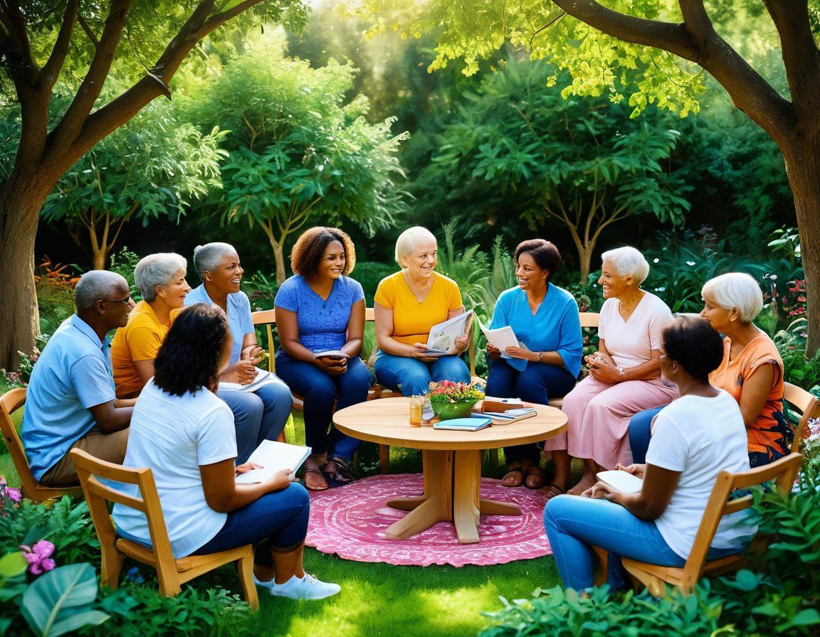 A vibrant, heartwarming illustration of diverse individuals gathered in a supportive circle, sharing stories of resilience in a lush garden setting. Include elements like a cancer awareness ribbon, personal journals, and a comforting atmosphere with soft sunlight filtering through the trees. Capture emotion and connection among the participants, showcasing warmth and hope. super-realistic. vibrant colors. serene background.