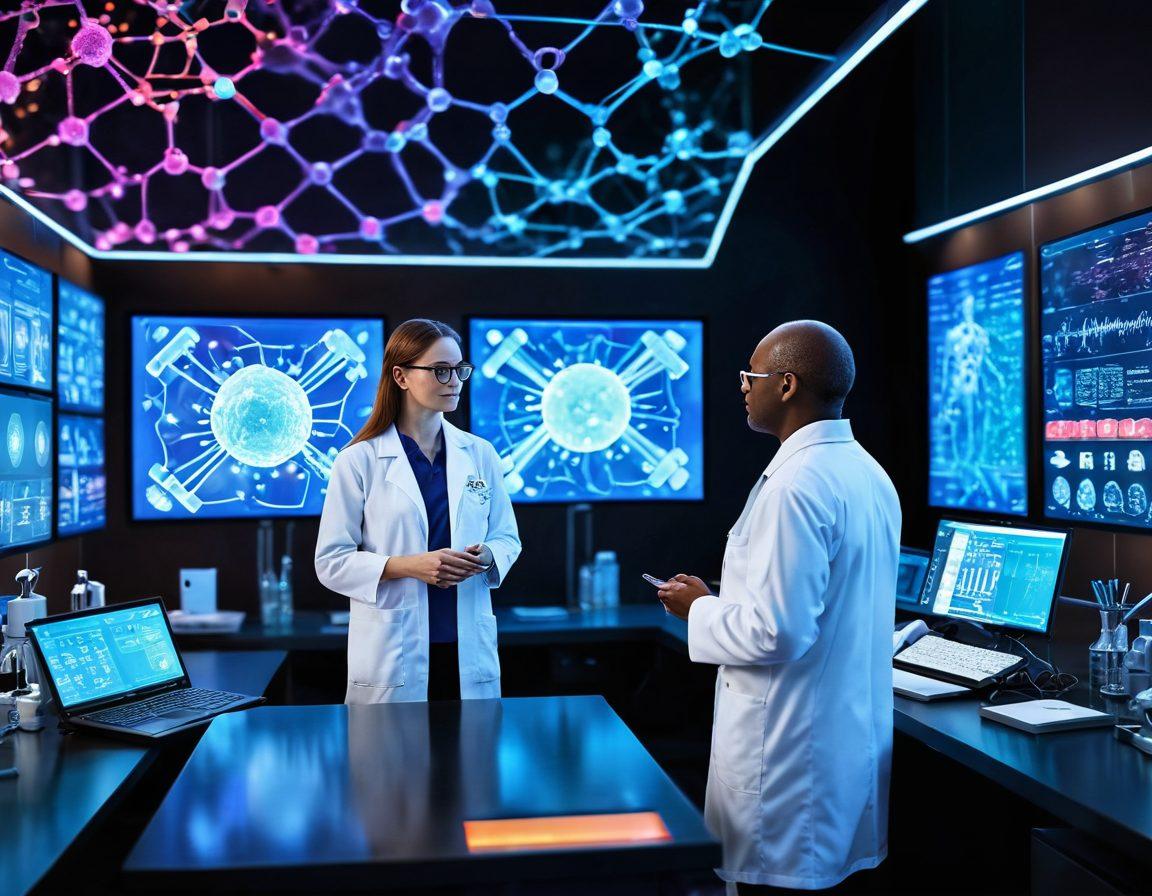 A striking visual representation of a scientist in a high-tech lab, surrounded by glowing molecular models and interactive screens displaying cancer research breakthroughs. In the background, a hopeful patient interacts with a holographic doctor, symbolizing the impact of research on care. The atmosphere is filled with vibrant colors that depict innovation and hope. super-realistic. vibrant colors. 3D.